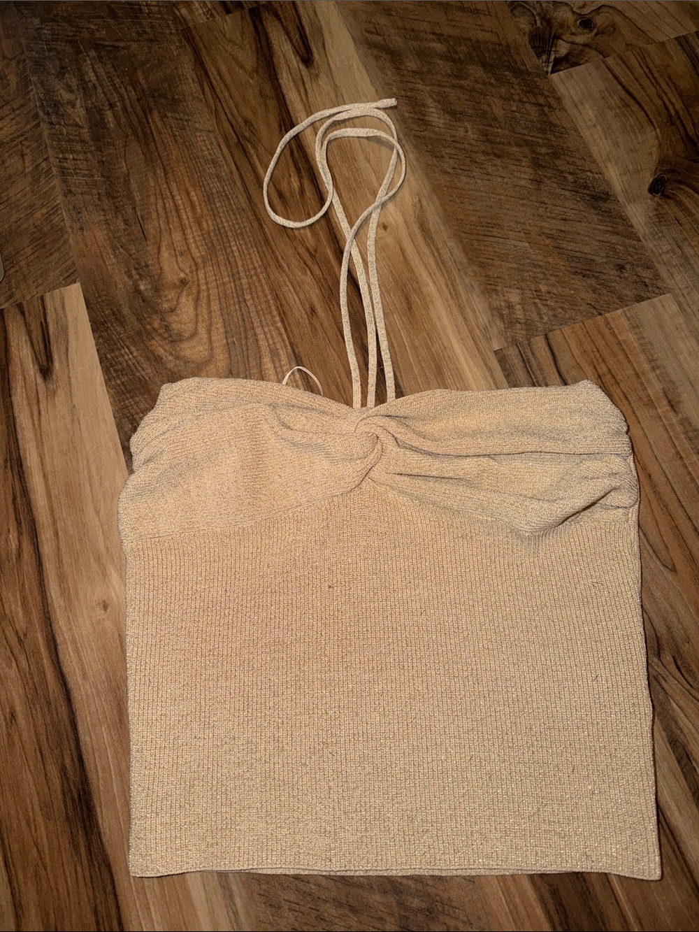 Neutral Knit Strapless Twist Tube Top with Thin Ties